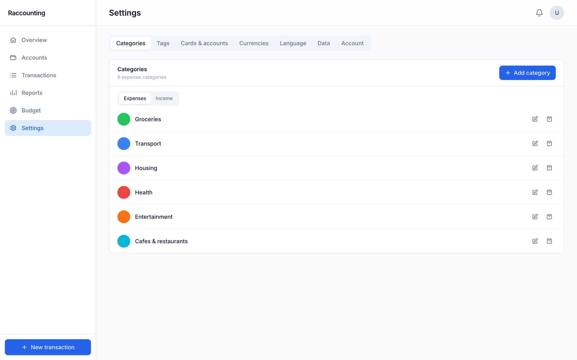 Settings screen: the list of expense categories with colors